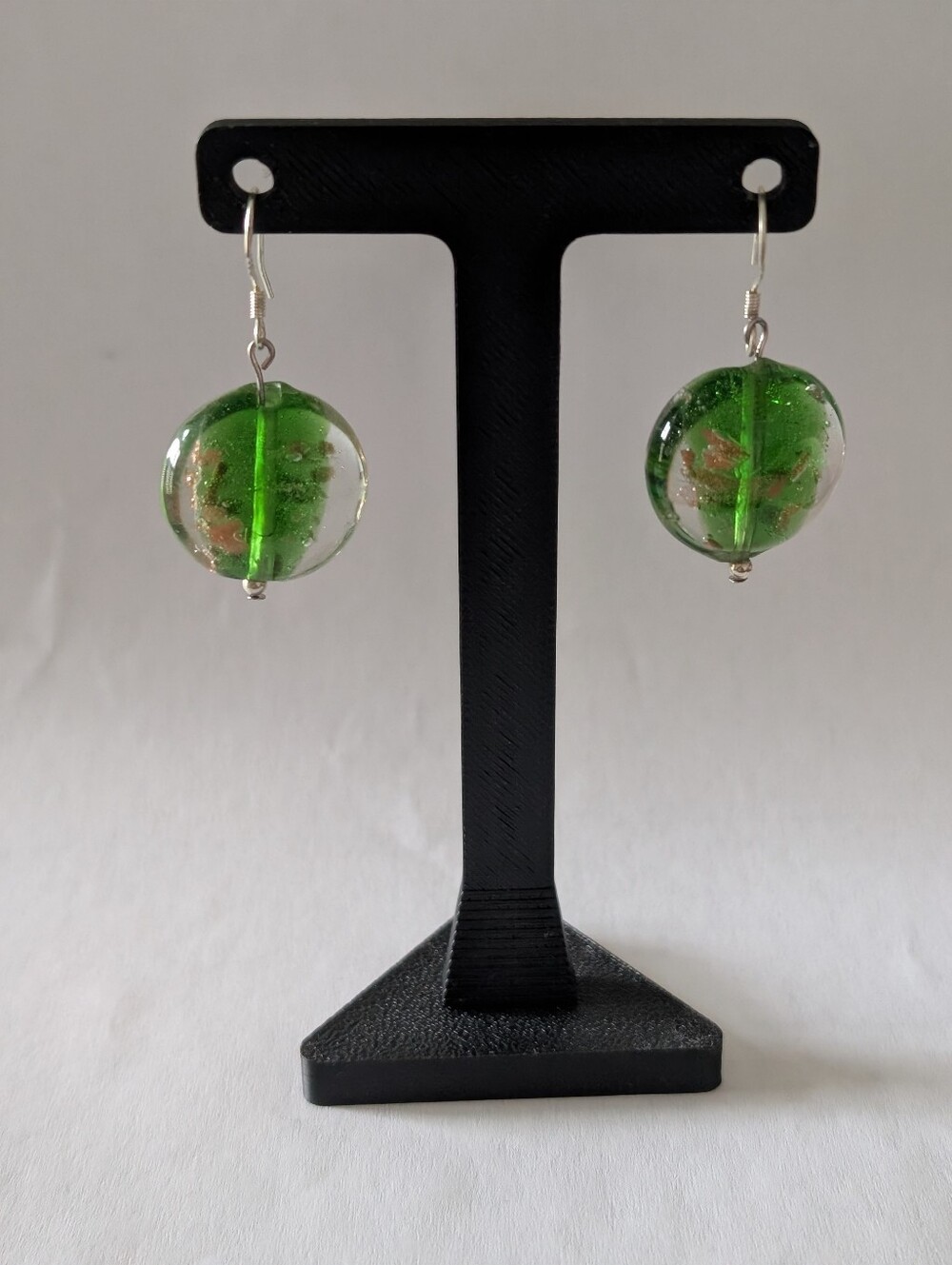 Green Art Glass Bead Earrings • 925 Sterling Silver Hooks • Handmade